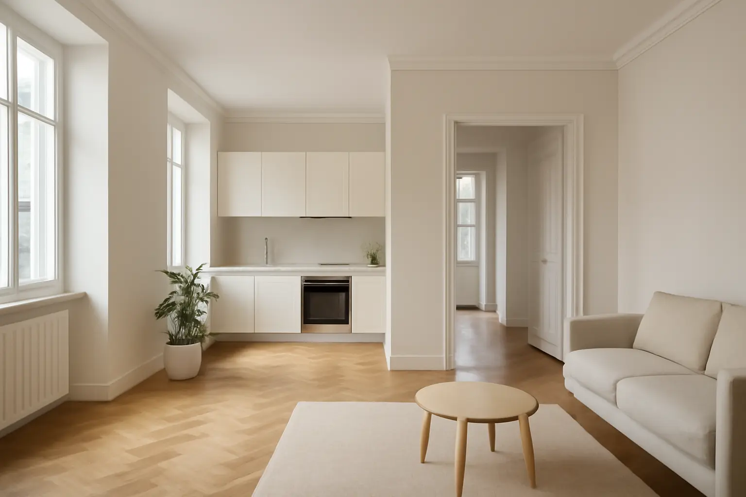Un appartamento open space pulito e ordinato con luce naturale e carattere architettonico europeo
